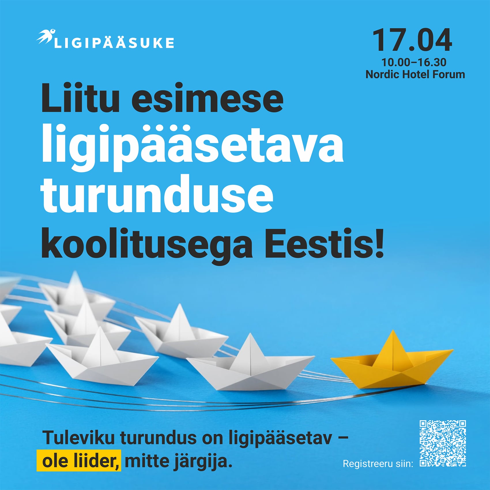 Sinisel taustal seilavad valged paberlaevukesed. Kõige ees aga kollane. Ülal koolituse kutse. "Liitu esimese ligipääsetava turunduskoolitusega Eestis."