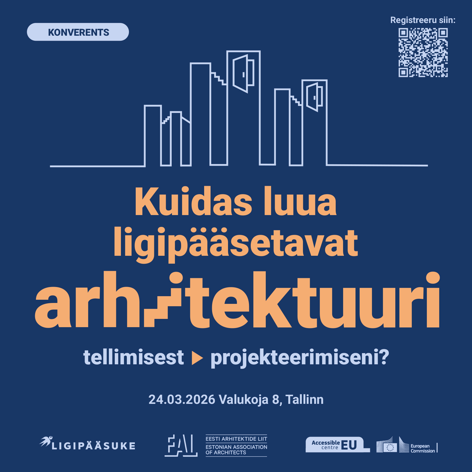 Tumesinise taustaga konverentsiplakat. Üleval vasakul kiri- konverents. Üleval paremal on tekst „Registreeru siin: